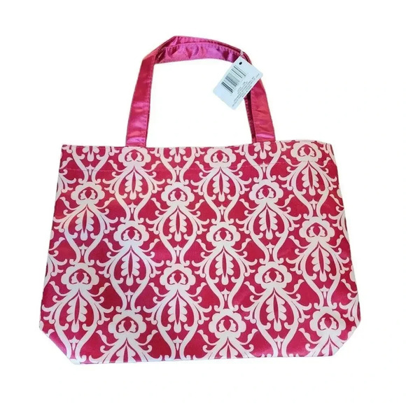 NEW Small Satin Pink White Tote Bag H 10" X W 14" - Picture 2 of 5